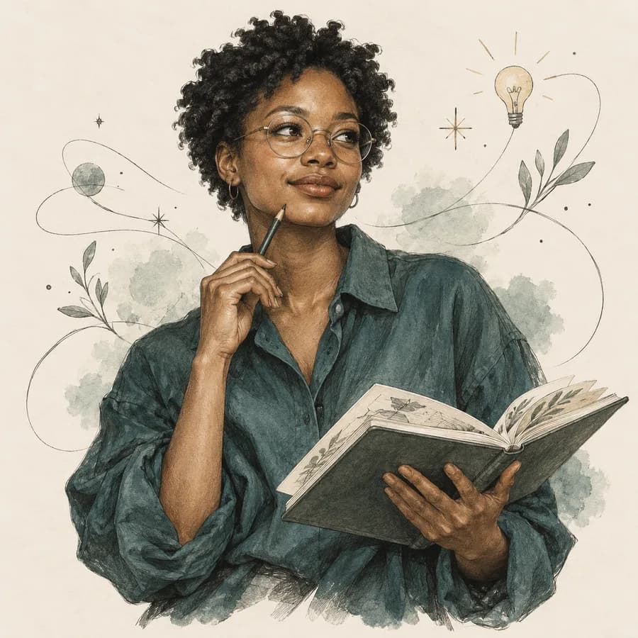 Pencil and watercolor portrait of a creative with natural curls and an open sketchbook