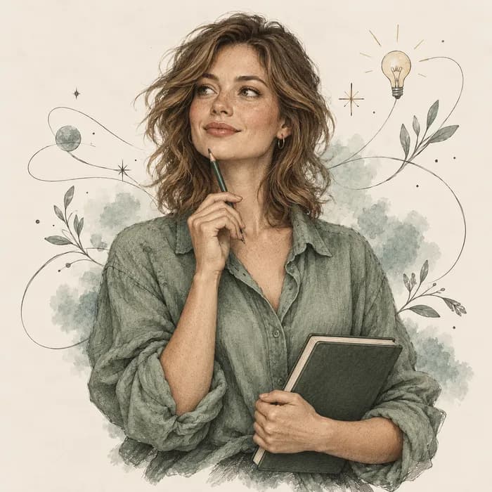 Matching sketch portrait of a white model with wavy hair, a pencil and a notebook